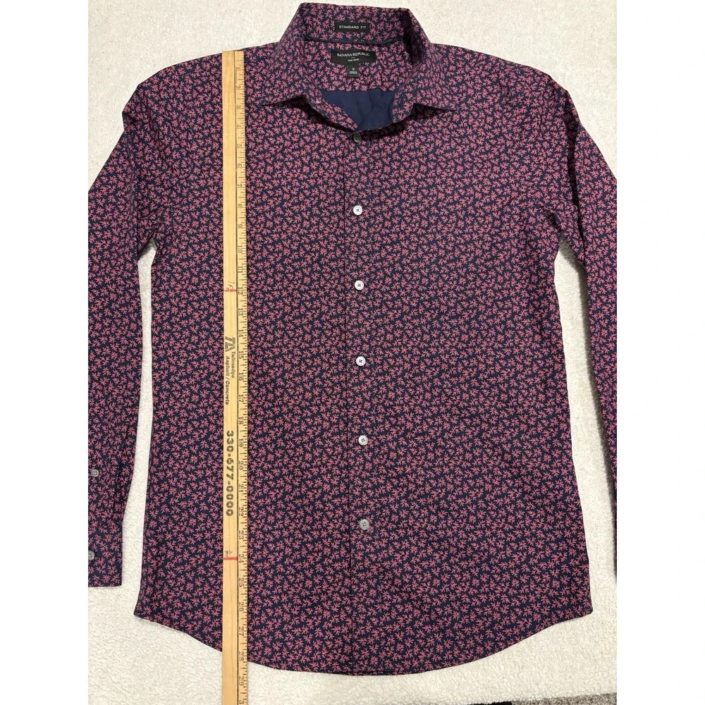 Banana Republic Navy‎ Red Floral Print Standard Fit Non Iron Button Shirt Mens L
